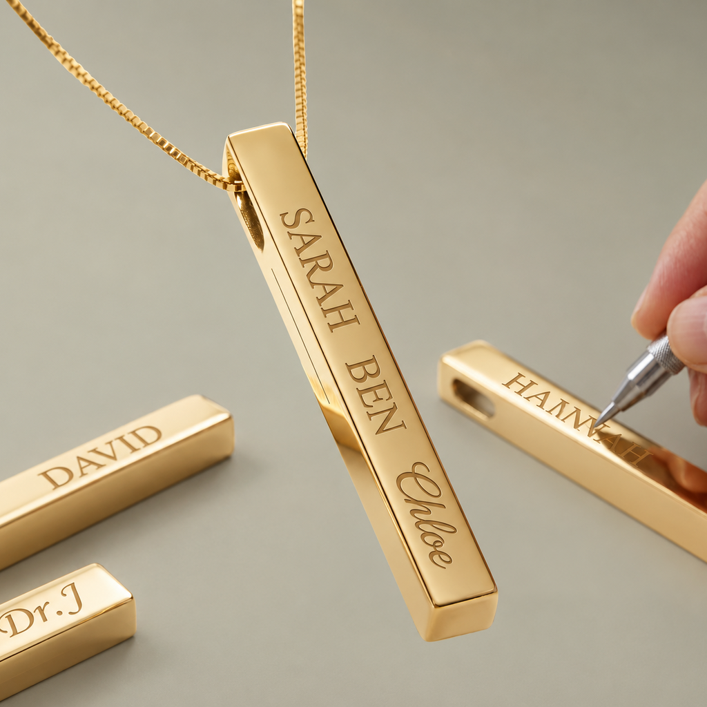 Colar personalizado com barra vertical e nome | Pendente gravado em aço inoxidável 